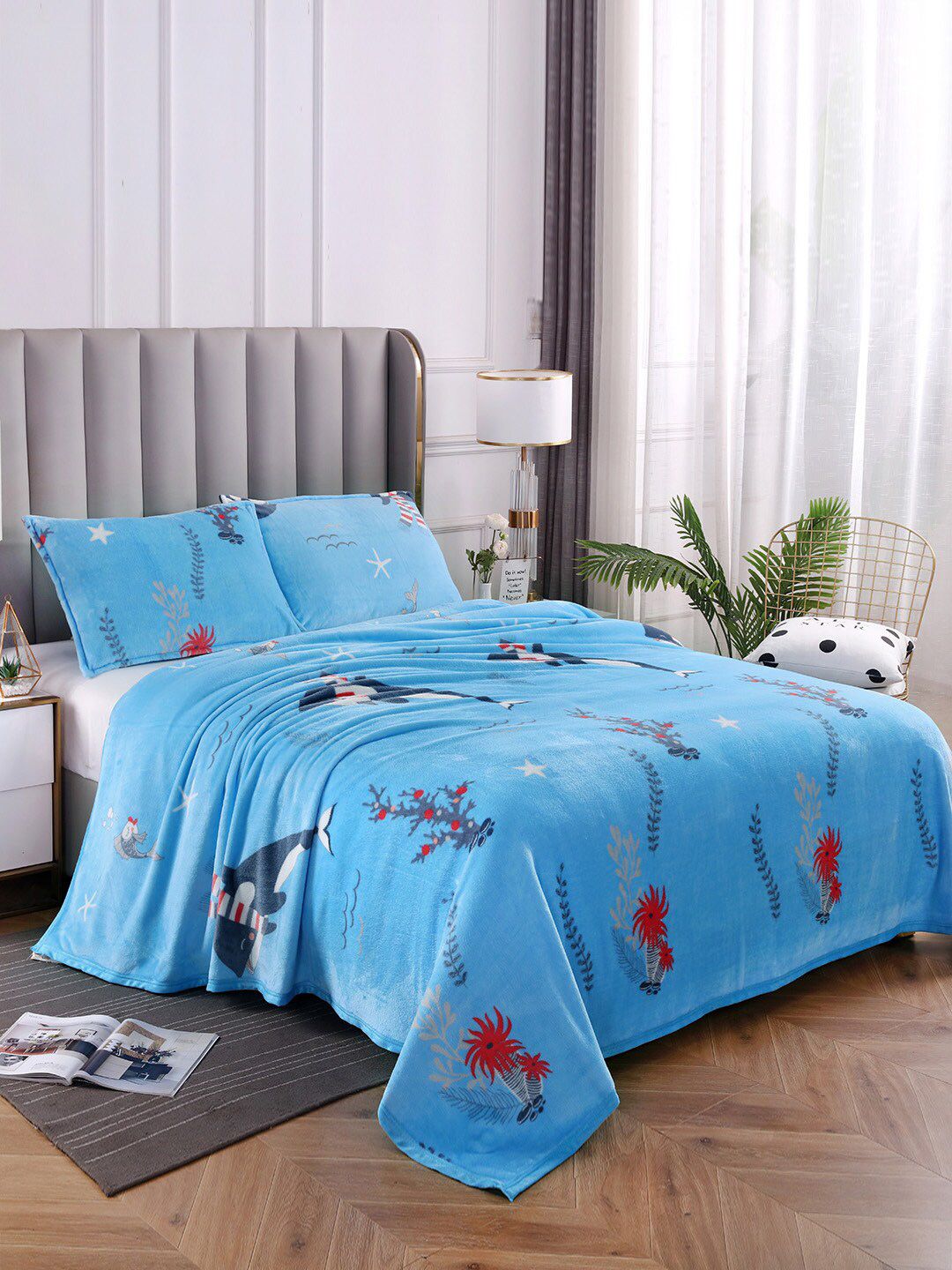 JC Collection Blue & Red Floral Summer 300 GSM Single Bed Blanket Price in India