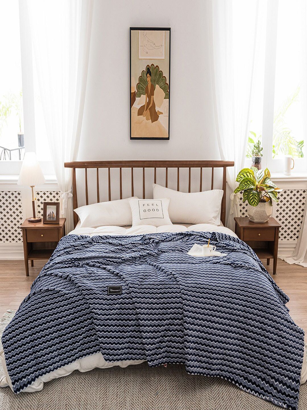 JC Collection Black & Blue Striped Summer 350 GSM Double Bed Blanket Price in India