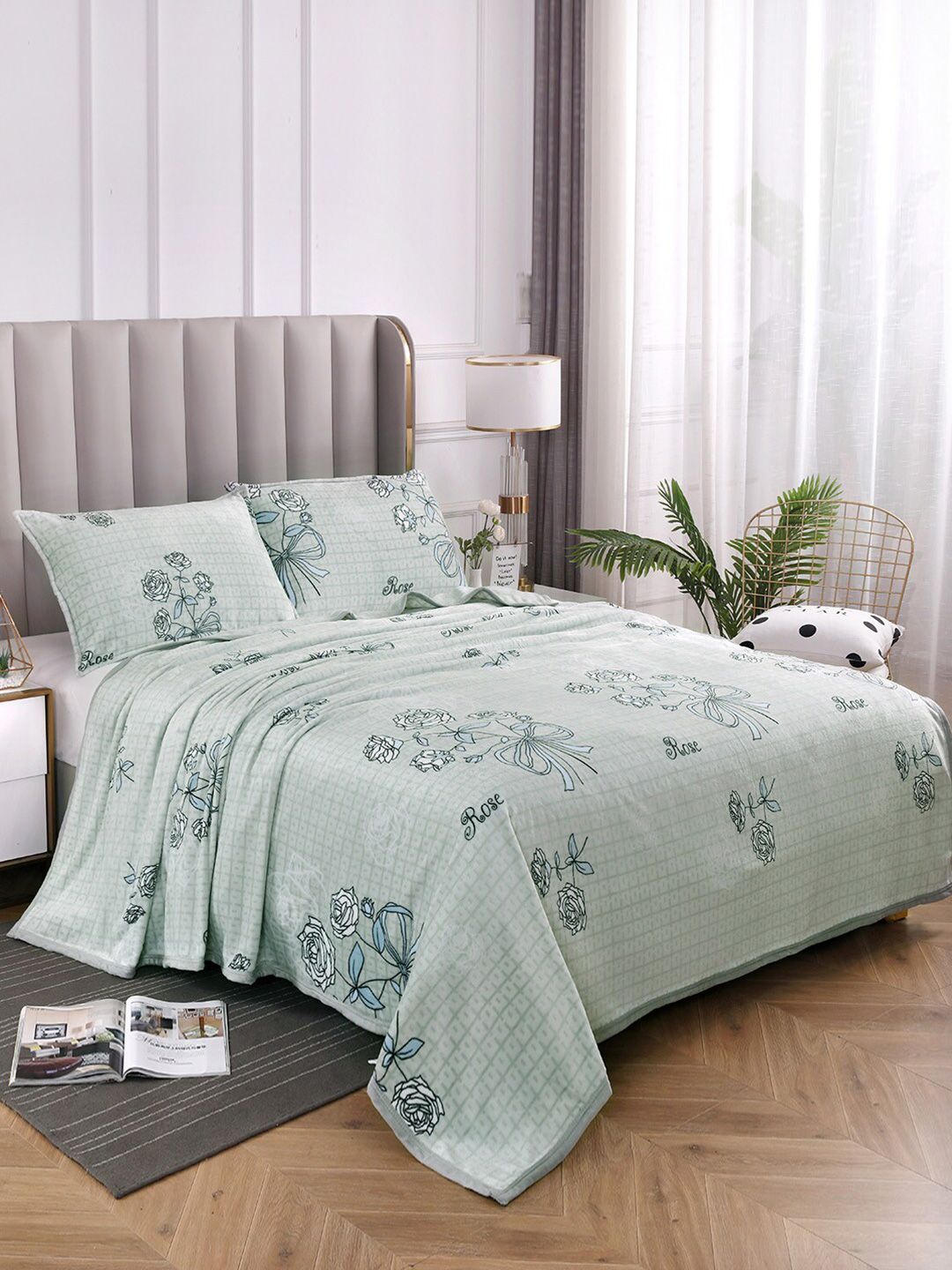 JC Collection Grey & Green Floral Summer 300 GSM Double Bed Blanket Price in India