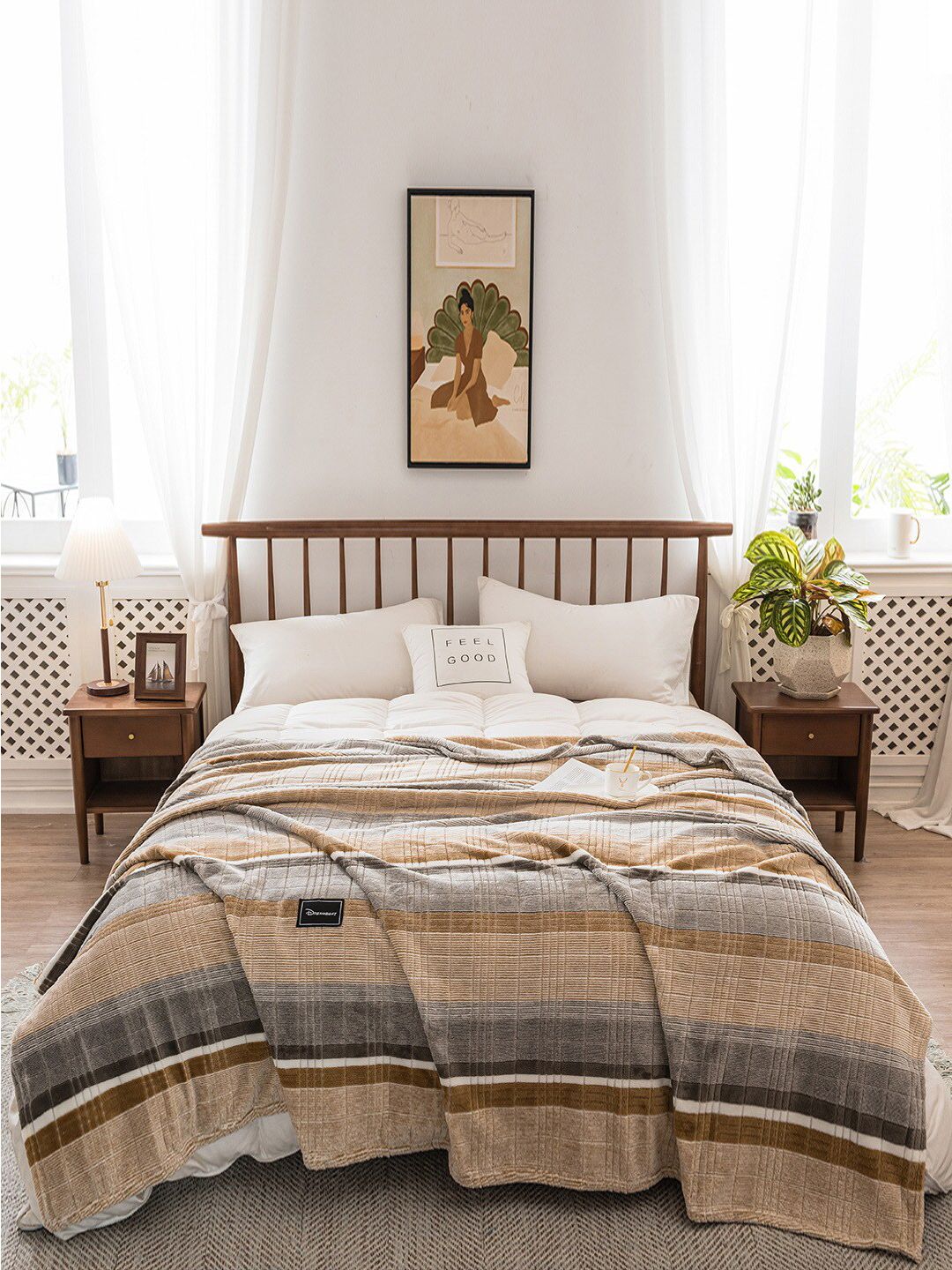 JC Collection Khaki & White Striped Summer 350 GSM Double Bed Blanket Price in India