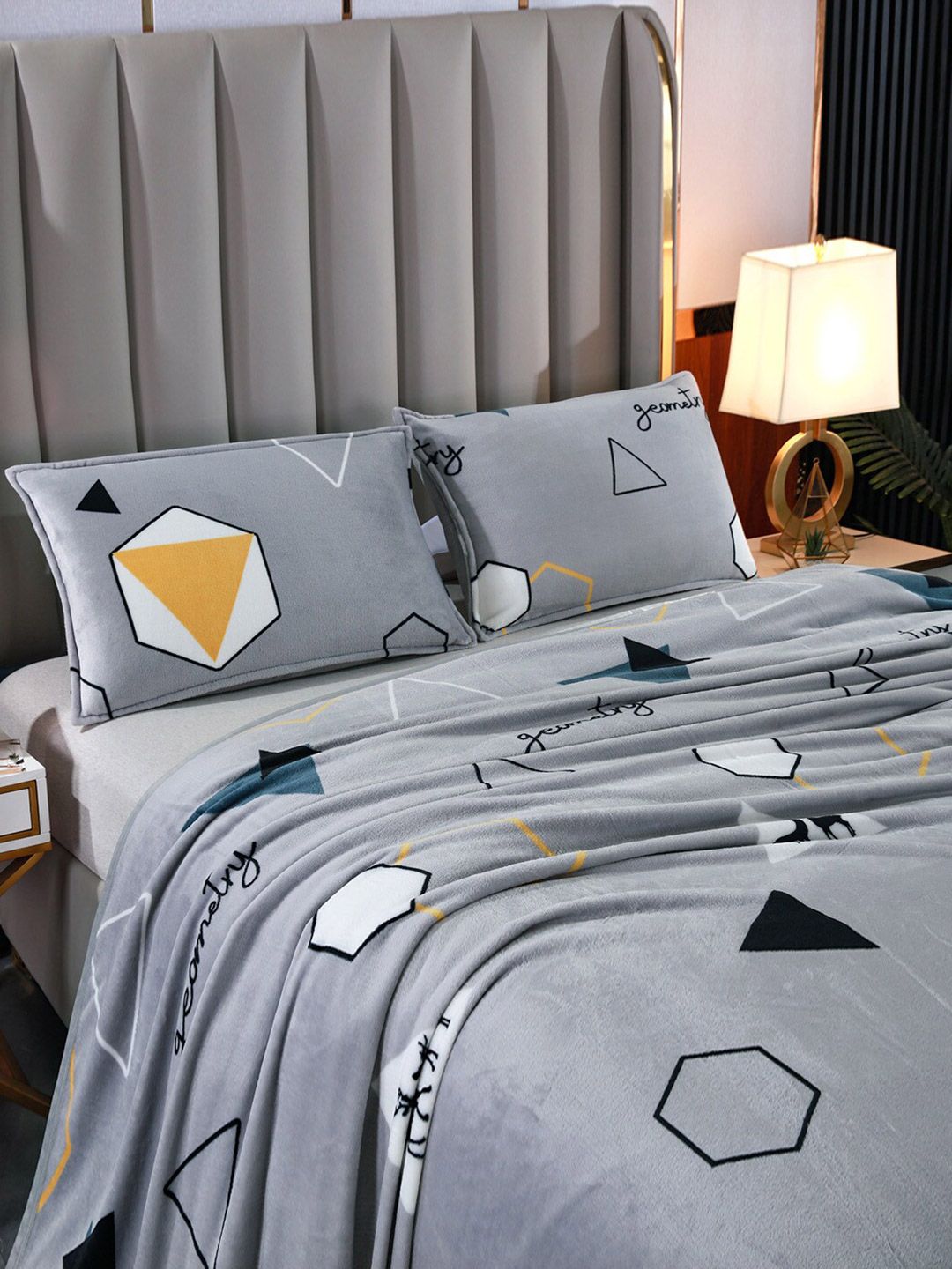 JC Collection Grey & Yellow Geometric Summer 300 GSM Double Bed Blanket Price in India