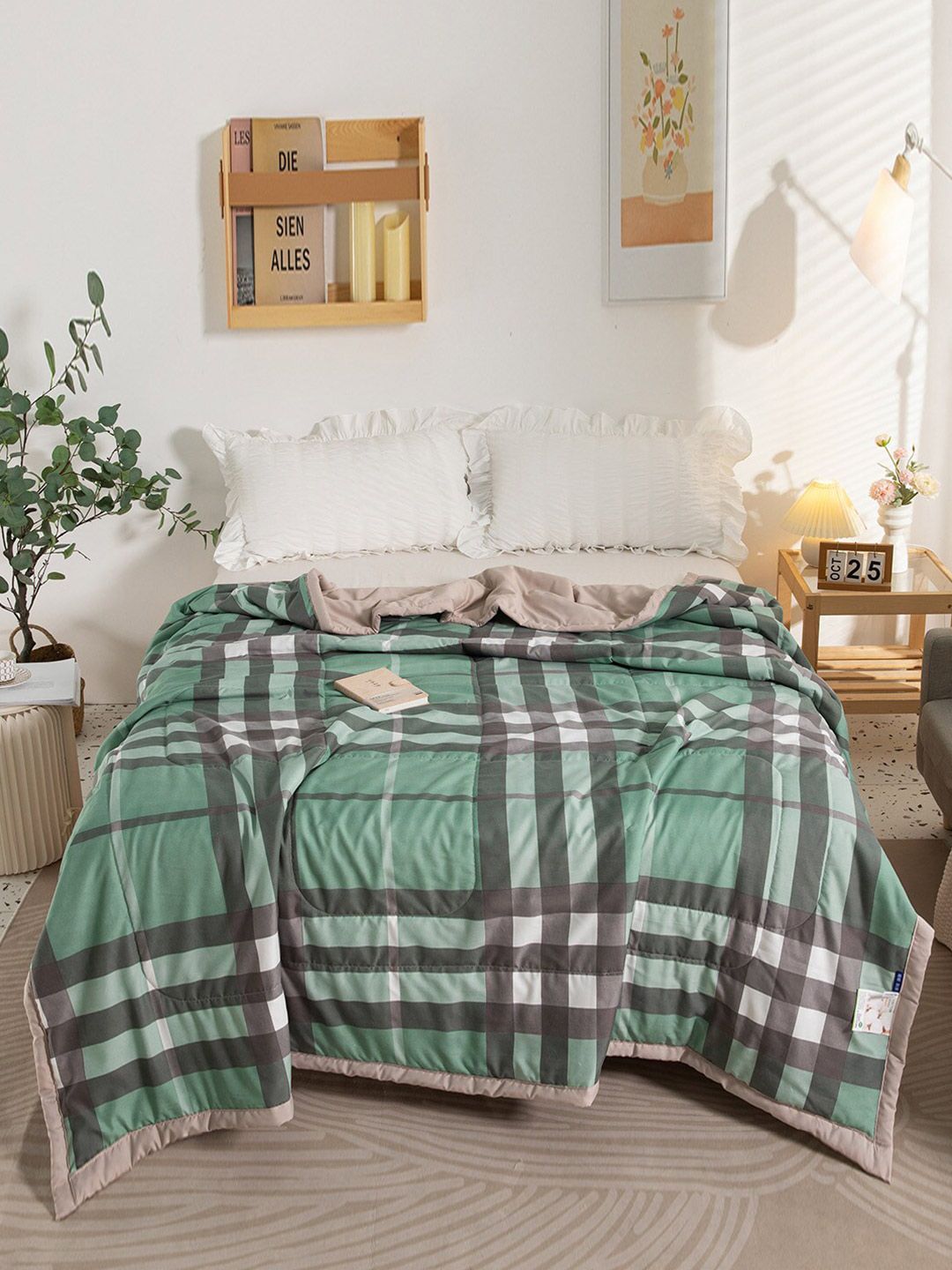 JC Collection Green & Grey Striped Summer 400 GSM Double Bed Quilt Price in India