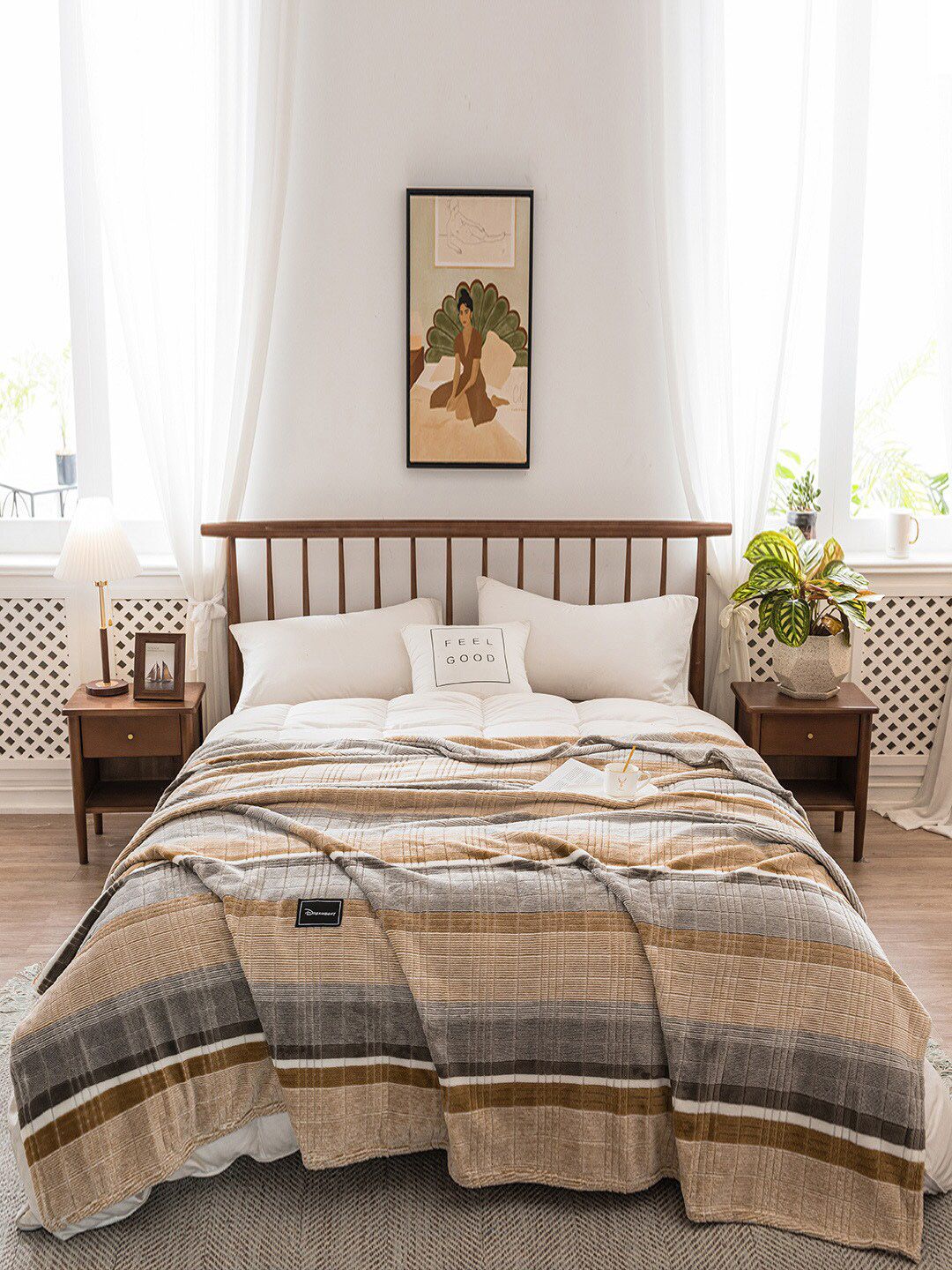 JC Collection Khaki & White Striped Summer 350 GSM Double Bed Blanket Price in India