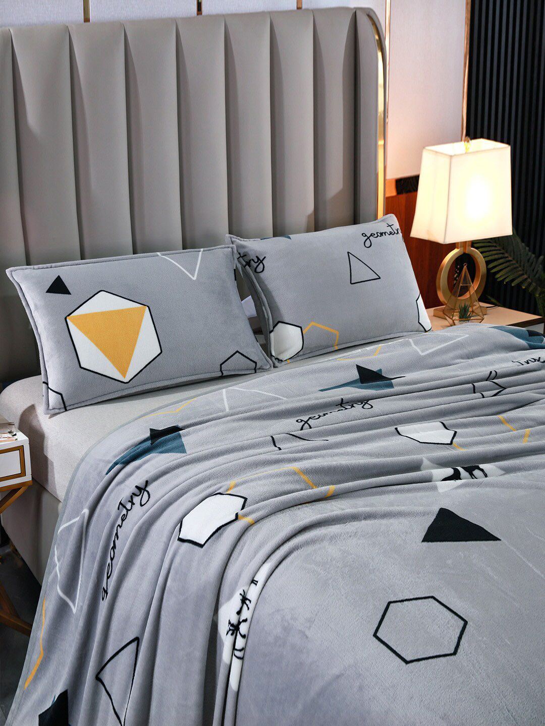 JC Collection Grey & Yellow Geometric Summer 300 GSM Double Bed Blanket Price in India