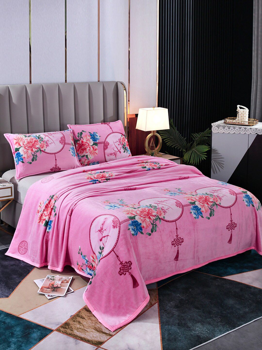 JC Collection Pink & Blue Floral Summer 300 GSM Double Bed Blanket Price in India