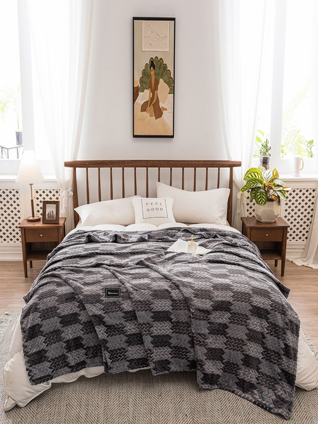 JC Collection Grey & White Geometric Summer 350 GSM Double Bed Blanket Price in India