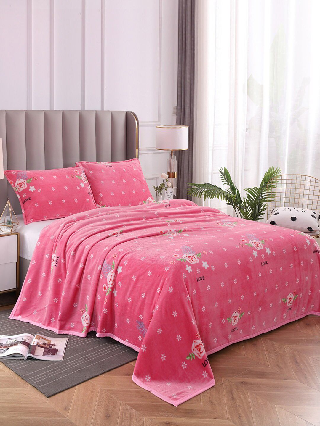 JC Collection Pink & Pink Floral Summer 300 GSM Double Bed Blanket Price in India