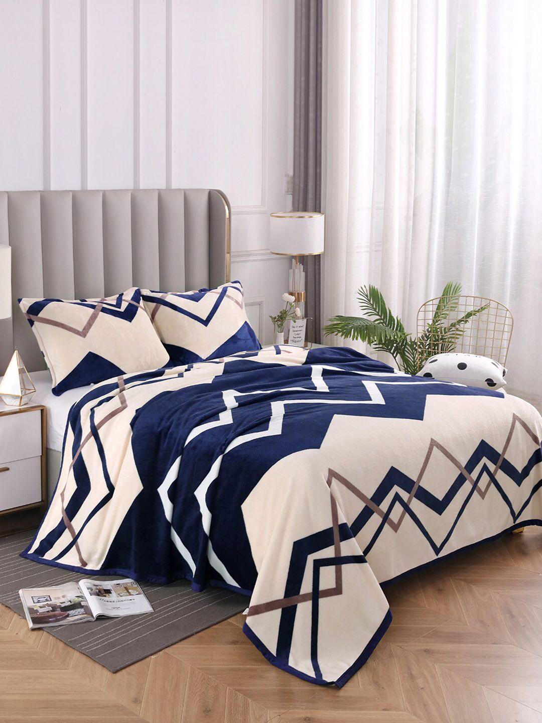 JC Collection Cream-Coloured & Navy Blue Geometric Summer 300 GSM Double Bed Blanket Price in India