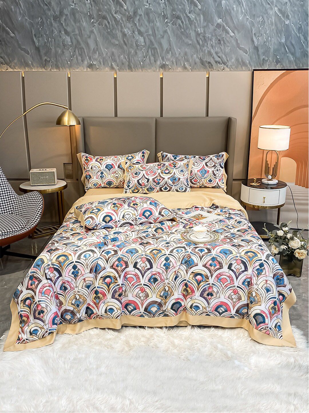 JC Collection Blue & Cream-Coloured Ethnic Motifs Summer 354 GSM Double Bed Quilt Price in India