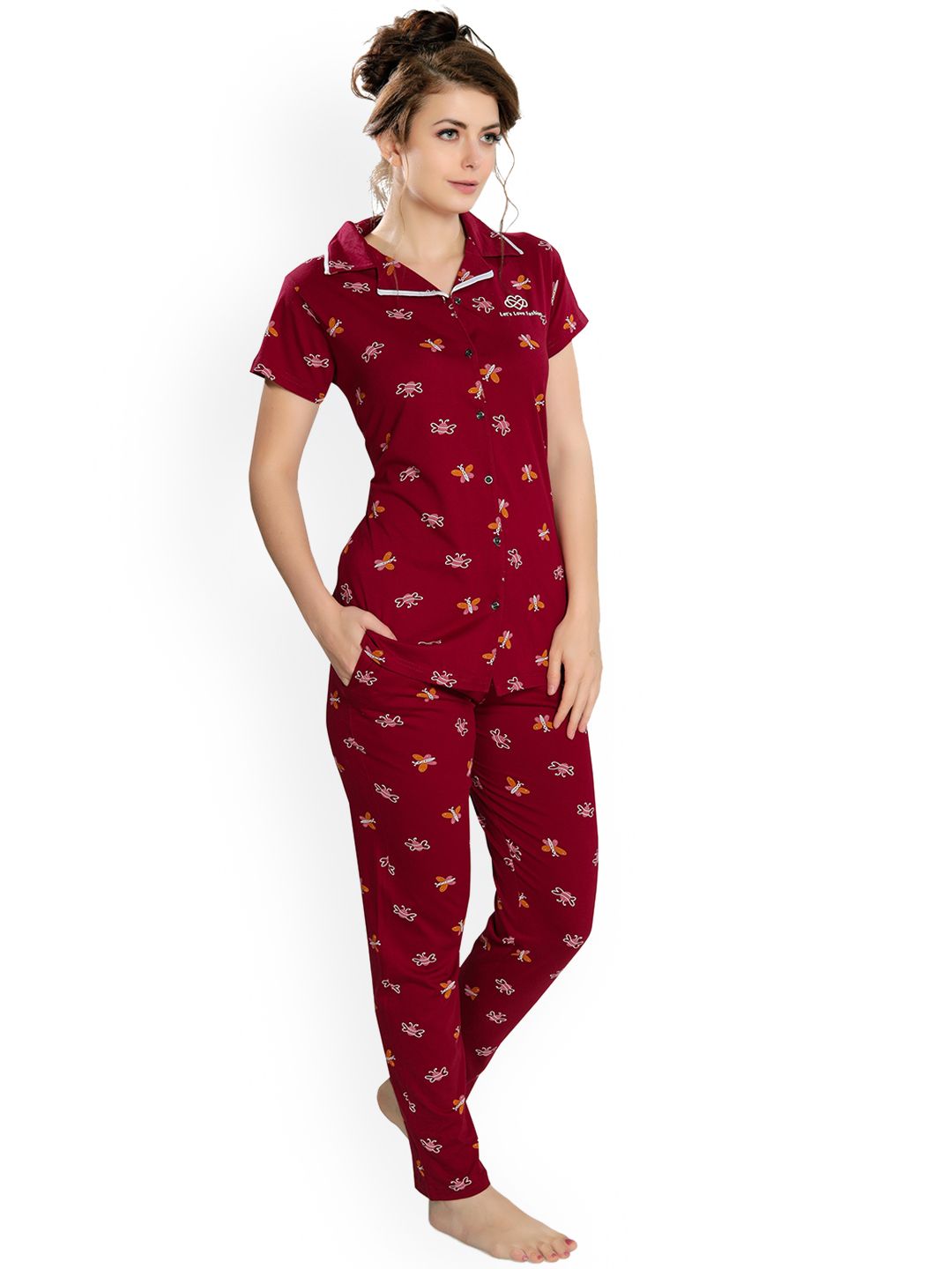 Ever Loved Women Maroon & Pink Printed Cotton Night suit Price in India