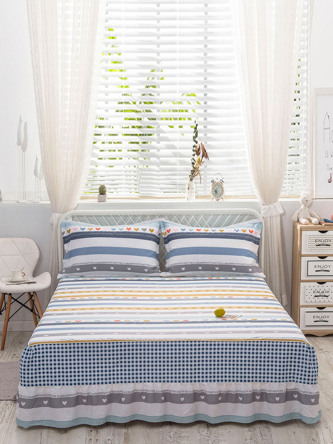 JC HOME Blue & White Printed Pure Cotton Single Bed Sheet & Pillow Covers