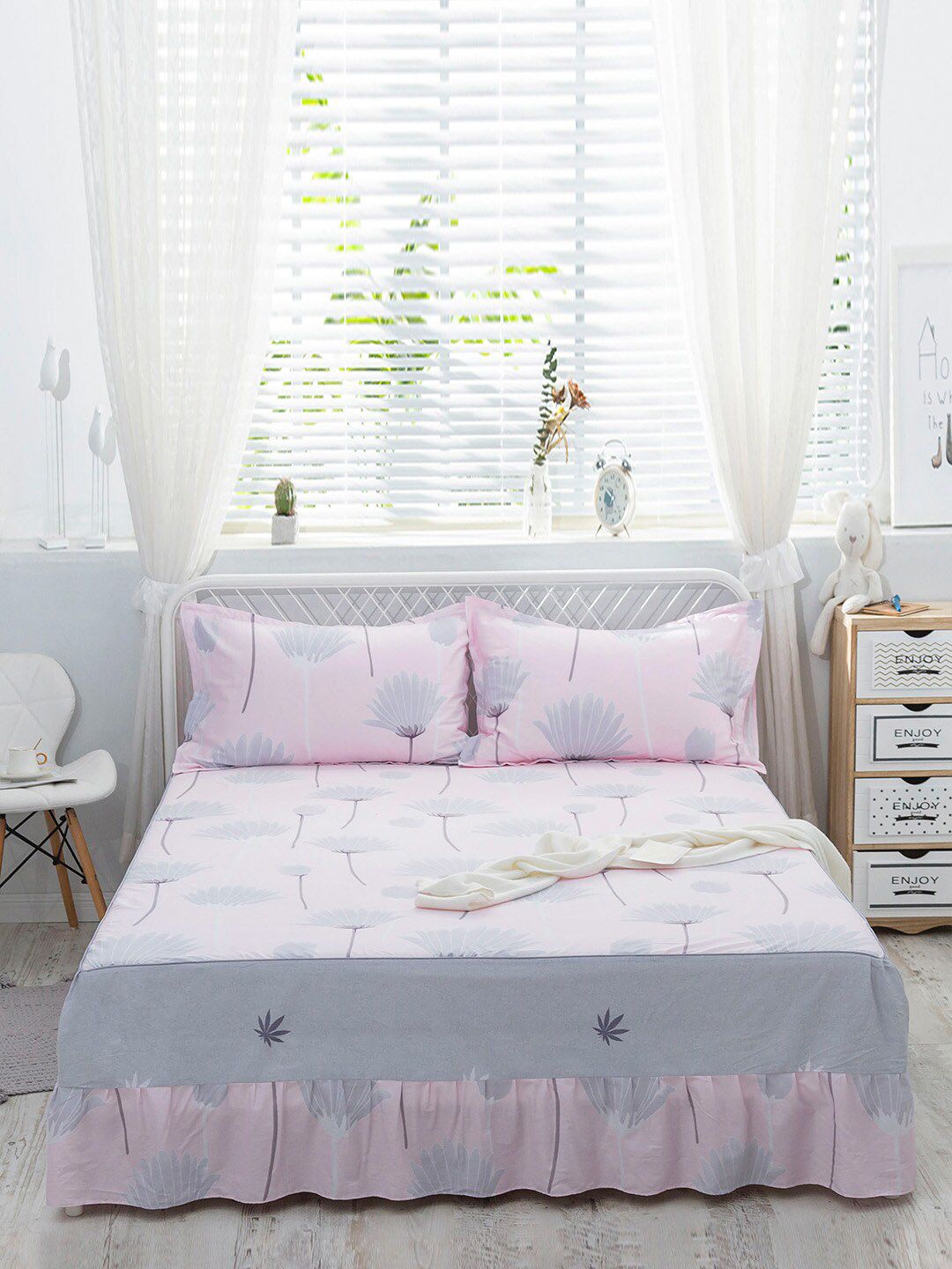 JC Collection  Pink & Grey Printed Double Queen Size Pure Cotton Bedcover With 2 Pillow Cover Price in India