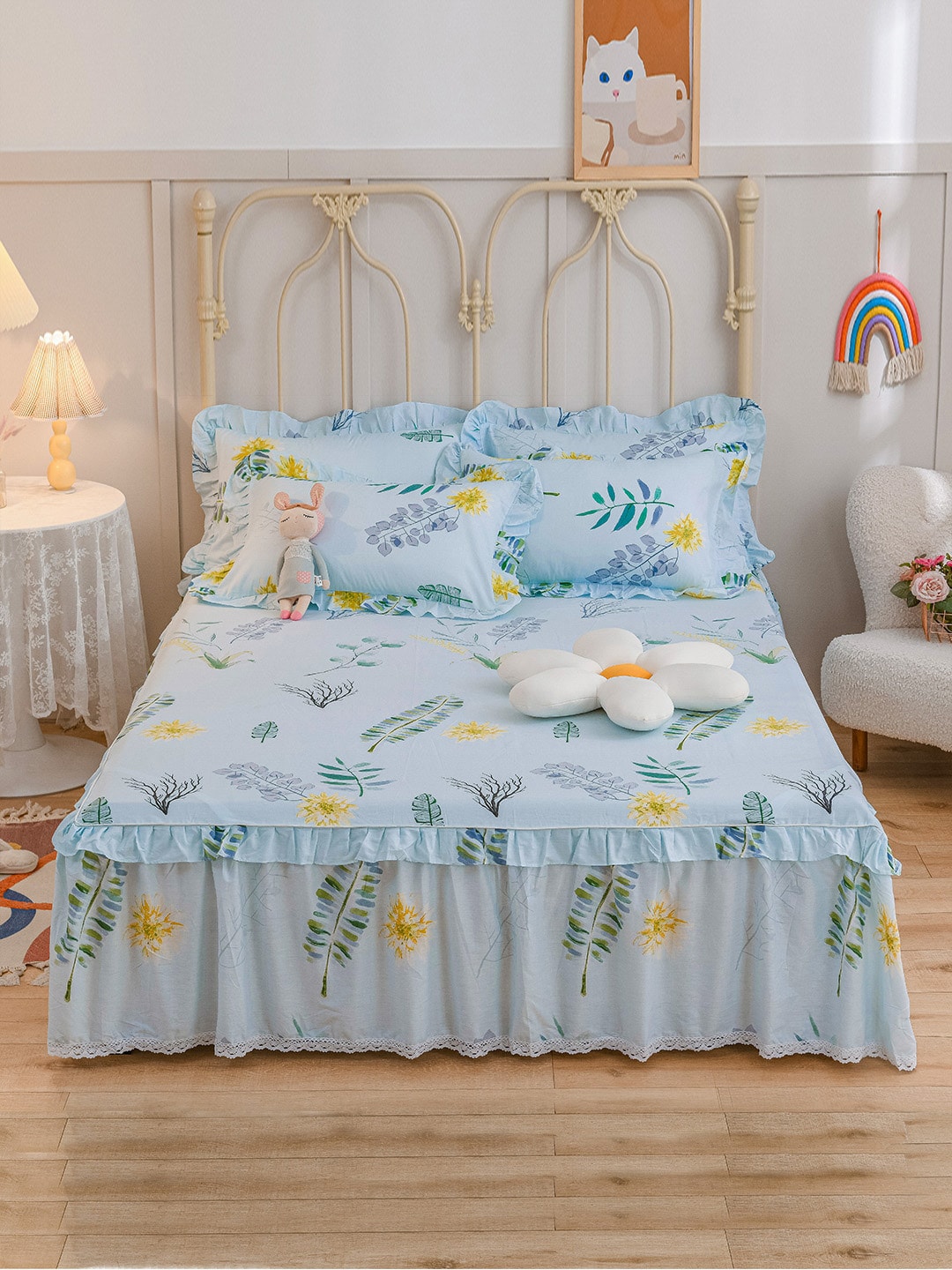 JC Collection Blue & Green Printed Double King Bed Cover With 2 Pillow Covers Price in India