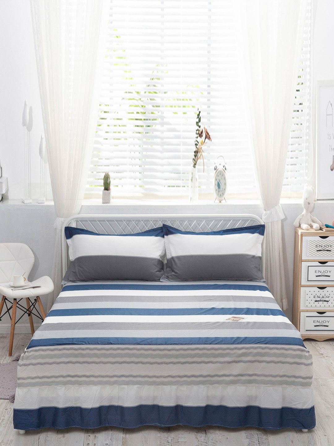 JC Collection Grey & Blue Striped Pure Cotton Double Queen Bed Cover With 2 Pillow Covers Price in India