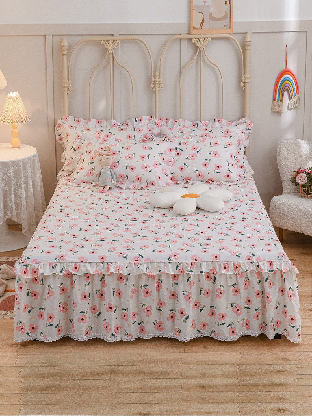 JC Collection Pink & White Printed Pure Cotton Double Queen Bed Cover With Pillow Covers Price in India