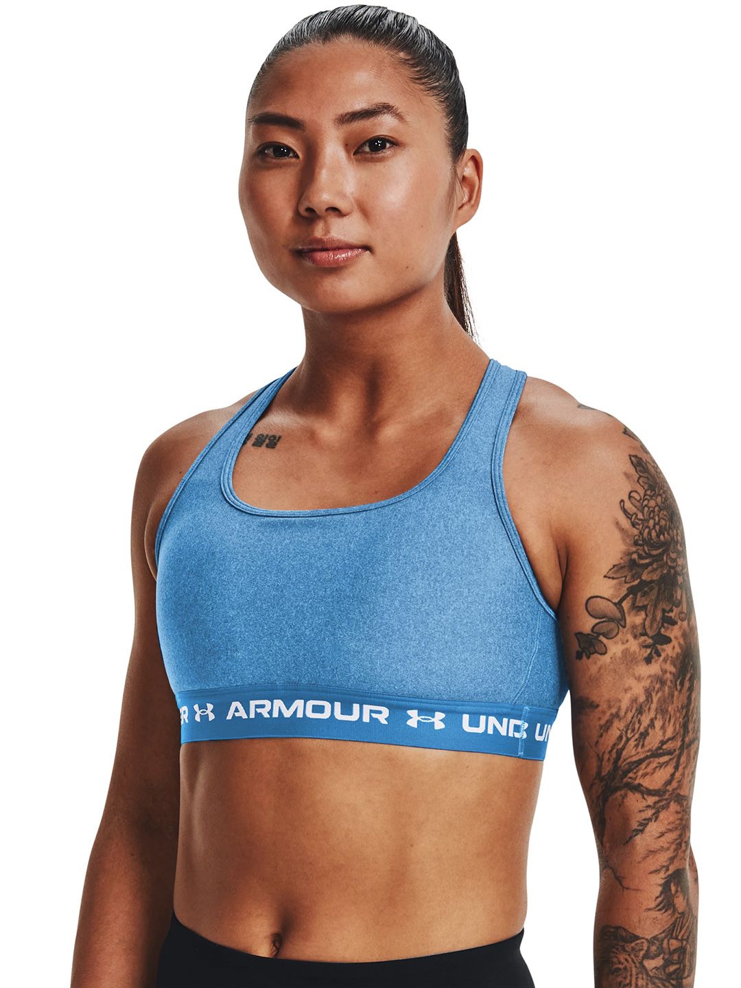 UNDER ARMOUR Blue Crossback Mid Lightly Padded Melange Effect Workout Bra Price in India