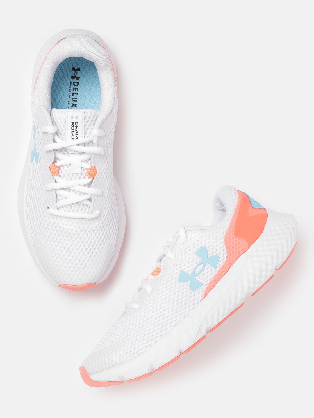 UNDER ARMOUR Women White & Coral Red Mesh Upper Charged Rogue 3 Running Shoes Price in India