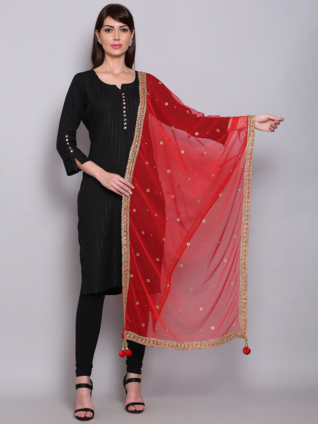 Miaz Lifestyle Red & Gold-Toned Ethnic Motifs Embroidered Organza Dupatta with Gotta Patti Price in India