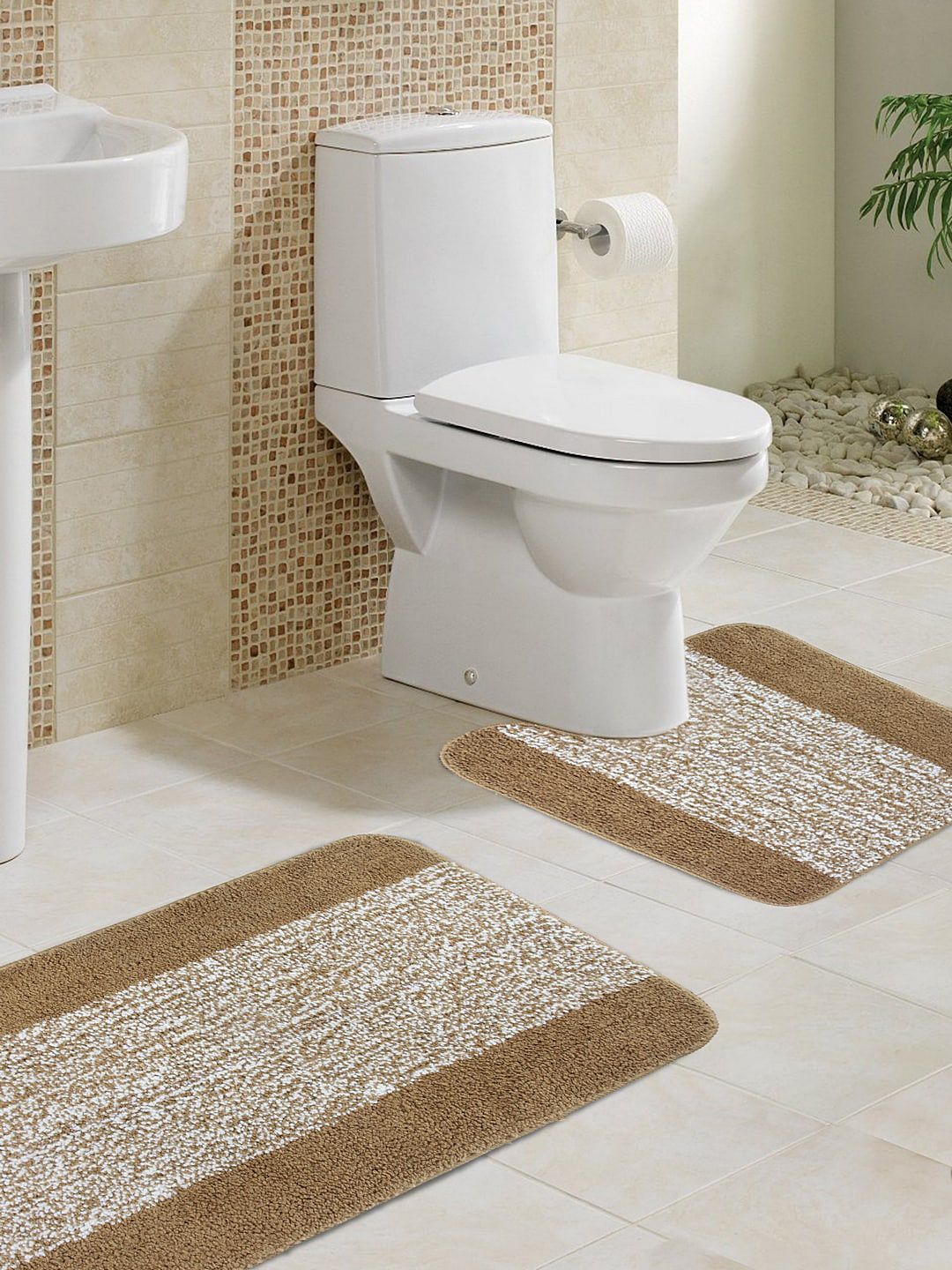 Soumya Set of 2 Beige Anti-Skid Water Absorbent Bath & Contour Mat Price in India