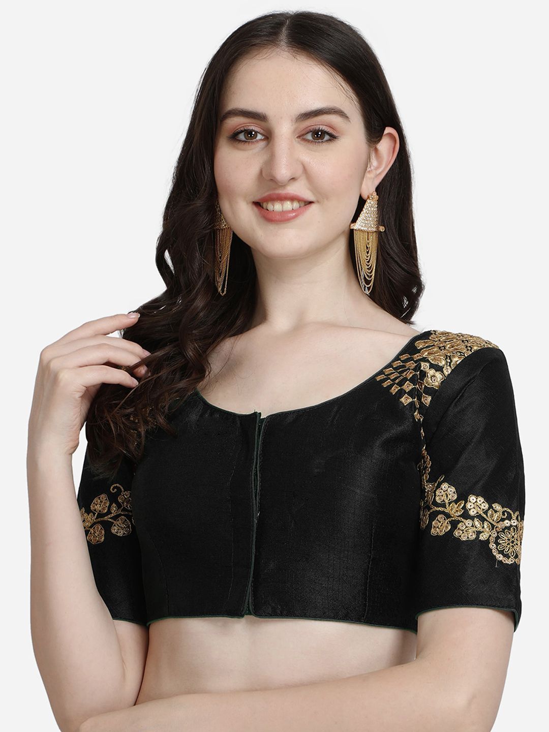 Mesmore Women Black & Gold-Coloured Embroidered Silk Saree Blouse Price in India