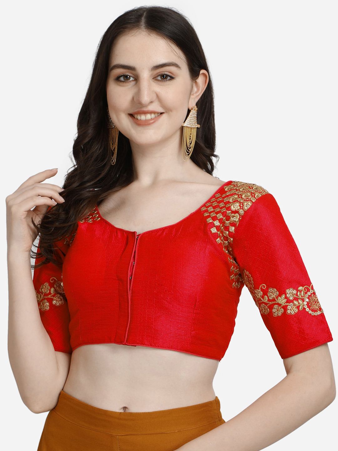 Mesmore Women Red Embroidered Silk Saree Blouse Price in India