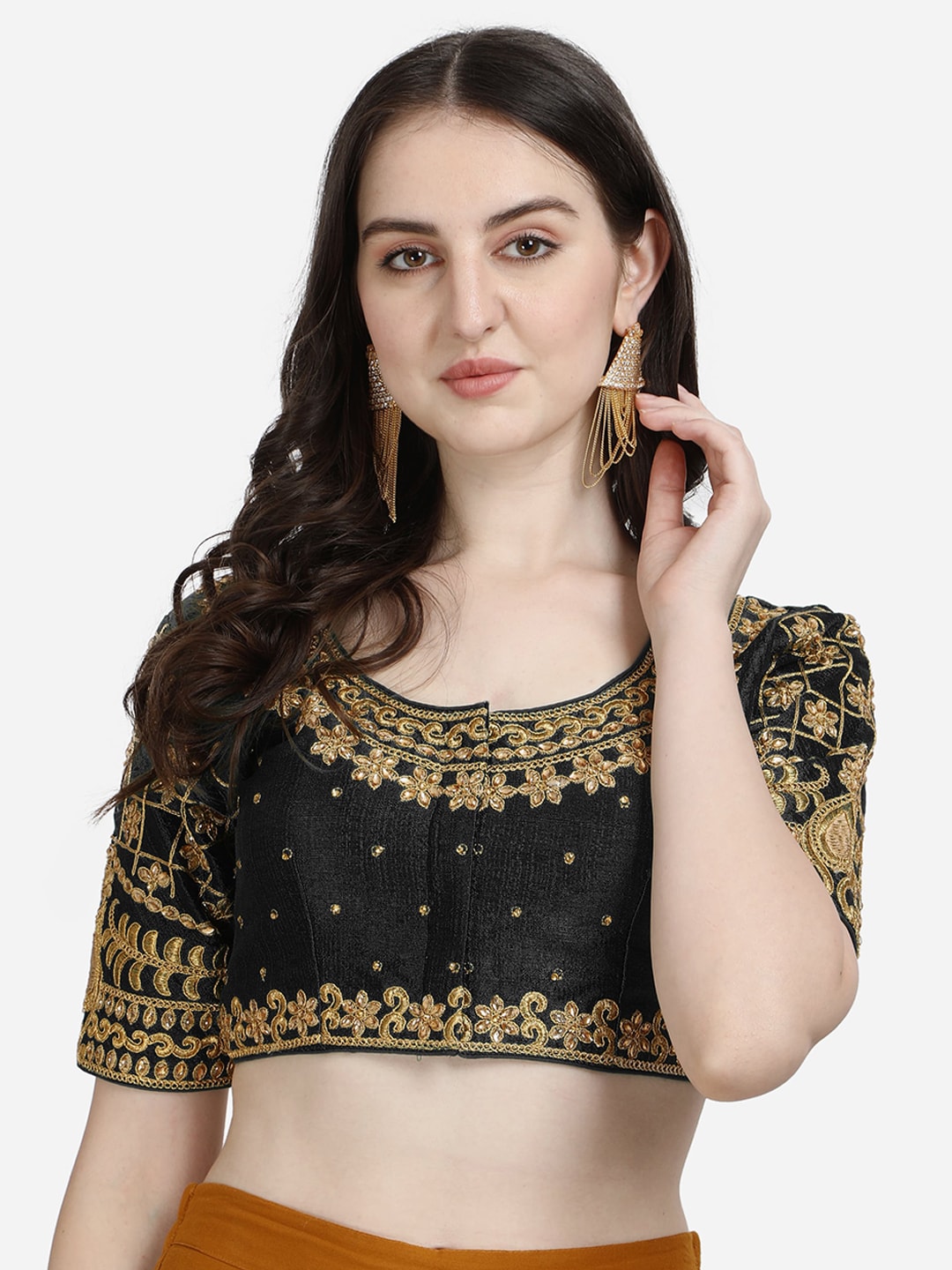 Mesmore Women Black Embroidered Silk Saree Blouse Price in India