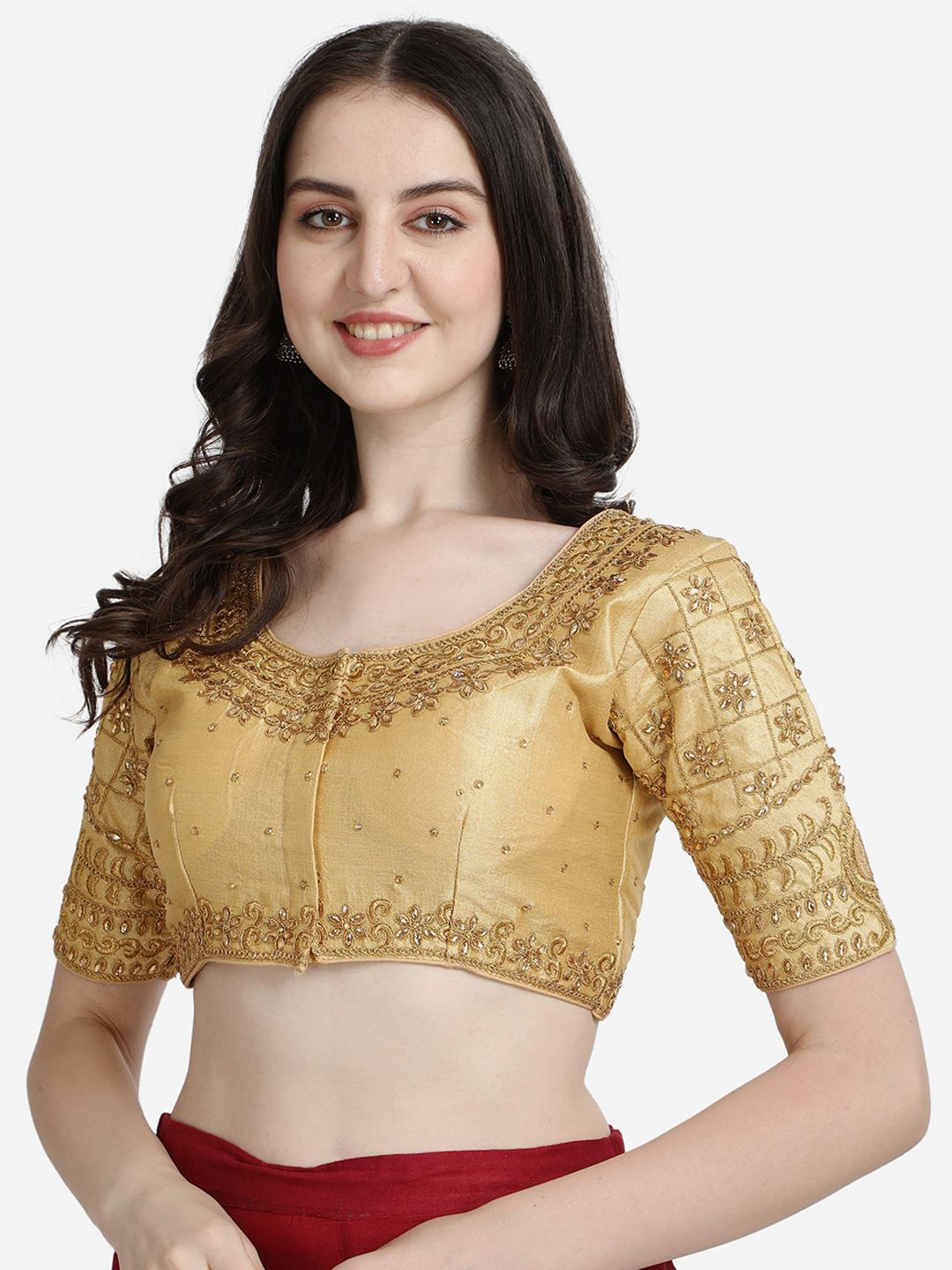 Mesmore Women Beige Embroidered Silk Saree Blouse Price in India