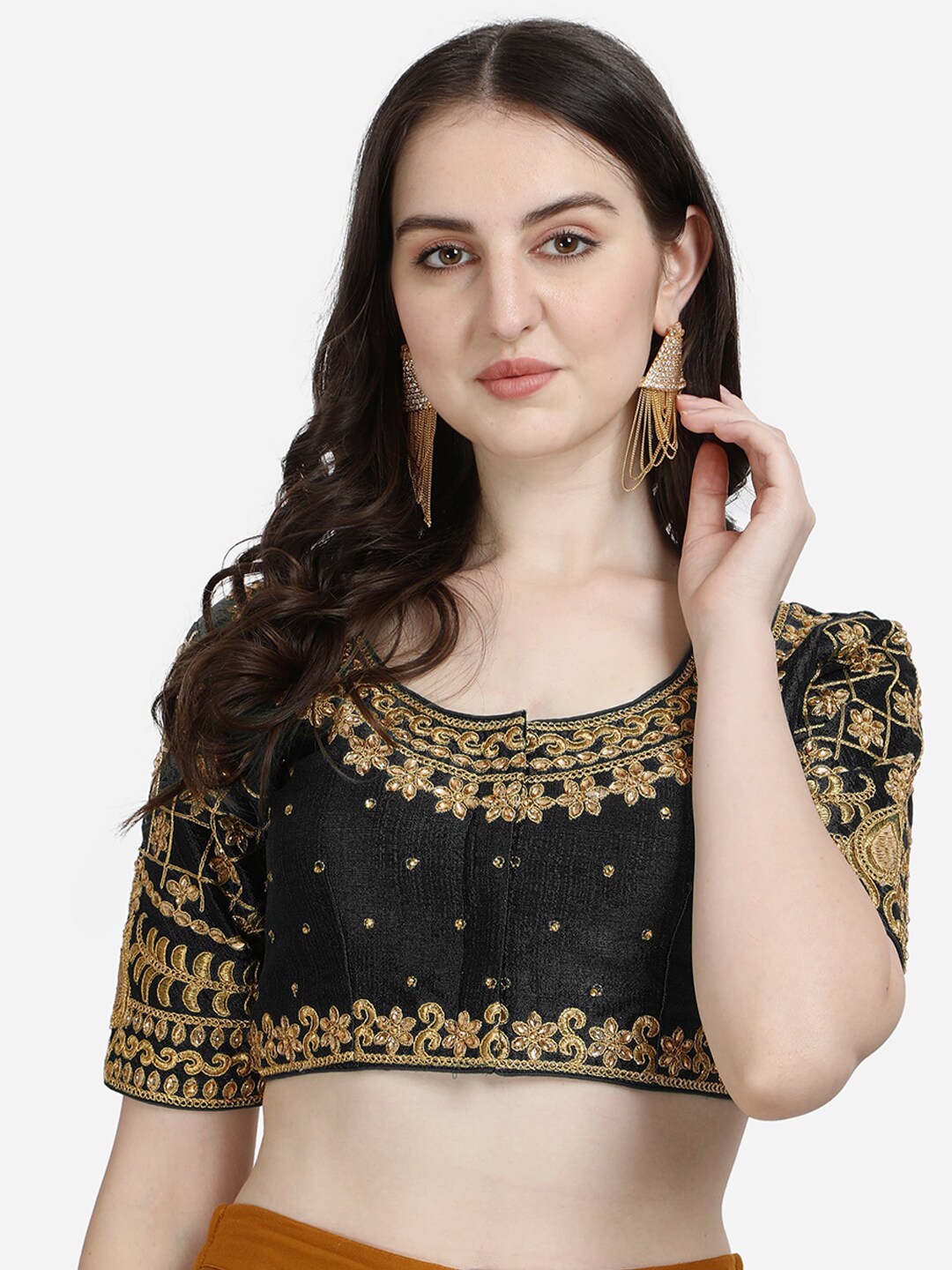 Mesmore Women Black & Gold Colored Embroidered Saree Blouse Price in India