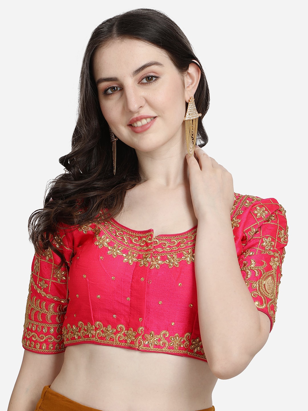 Mesmore Women Golden & Pink Embroidered Silk Saree Blouse Price in India
