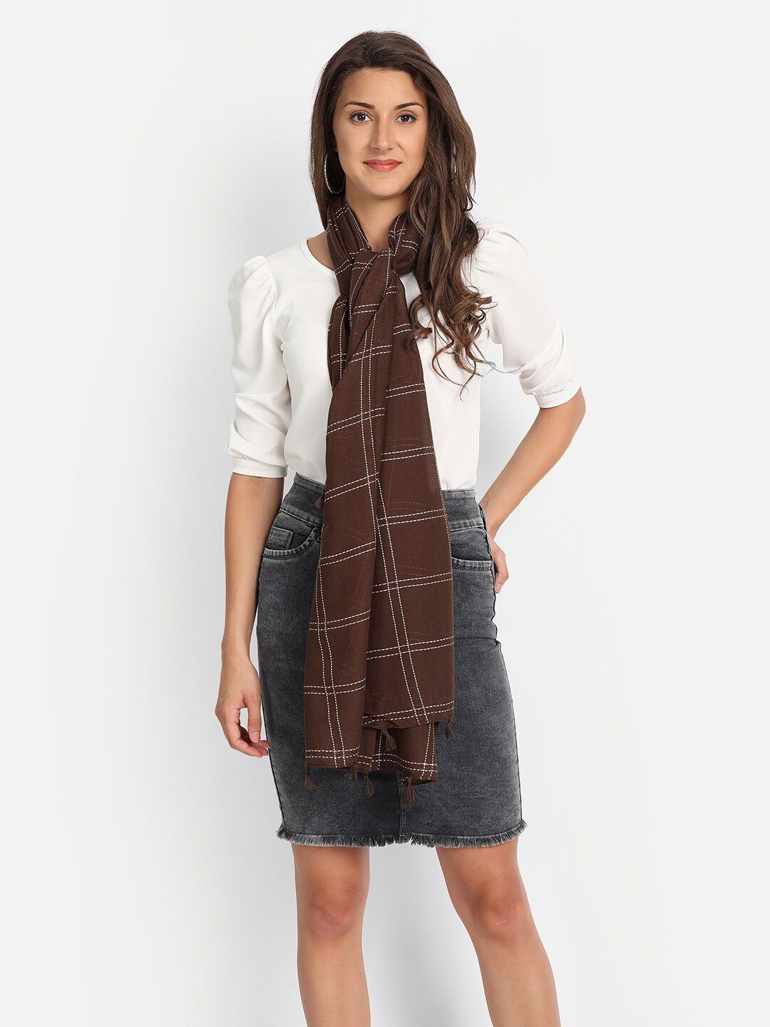 Wicked Stitch Women Brown Checked Scarf Price in India