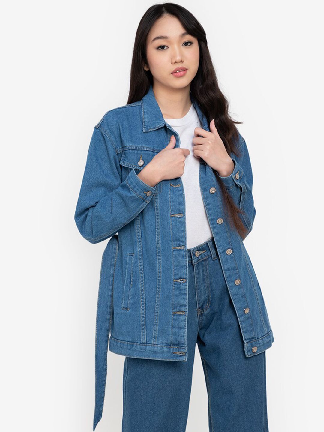 ZALORA BASICS Women Blue Tie Waist Denim Jacket Price in India