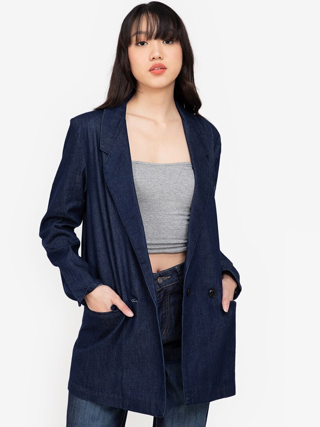 ZALORA BASICS Women Blue Longline Denim Jacket Price in India
