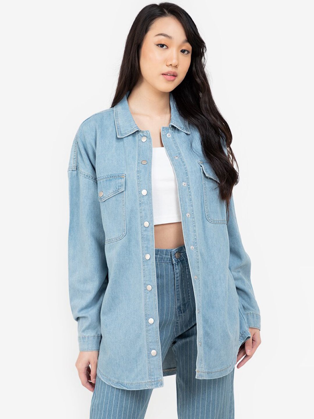 ZALORA BASICS Women Blue Longline Denim Shacket Price in India