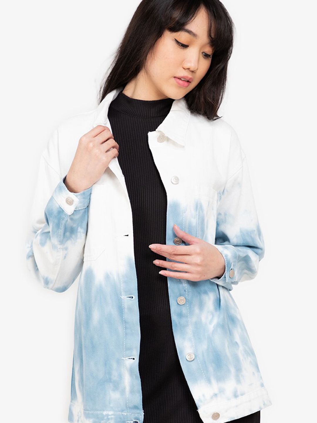 ZALORA BASICS Women White Blue Tie and Dye Longline Tailored Jacket Price in India