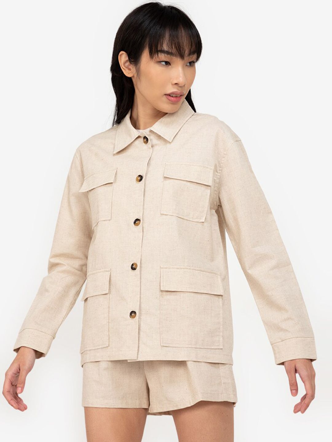 ZALORA BASICS Women Beige Linen Cotton Tailored Jacket Price in India