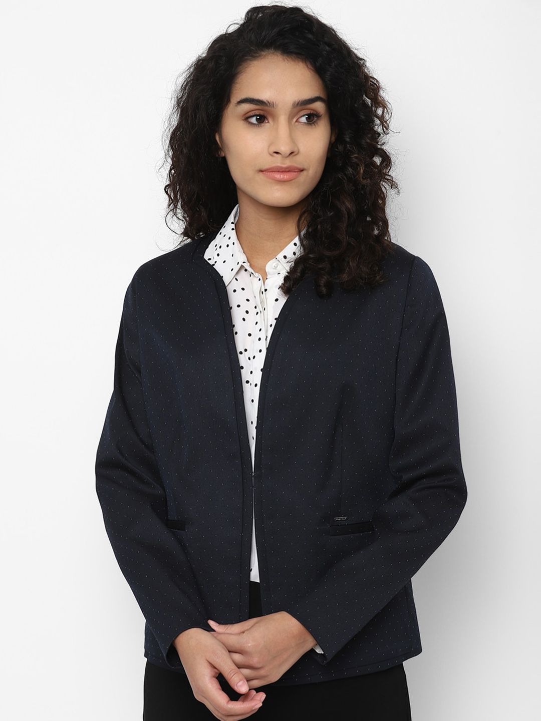 Allen Solly Woman Women Navy Blue & White Printed Collarless Single-Breasted Formal Blazer Price in India