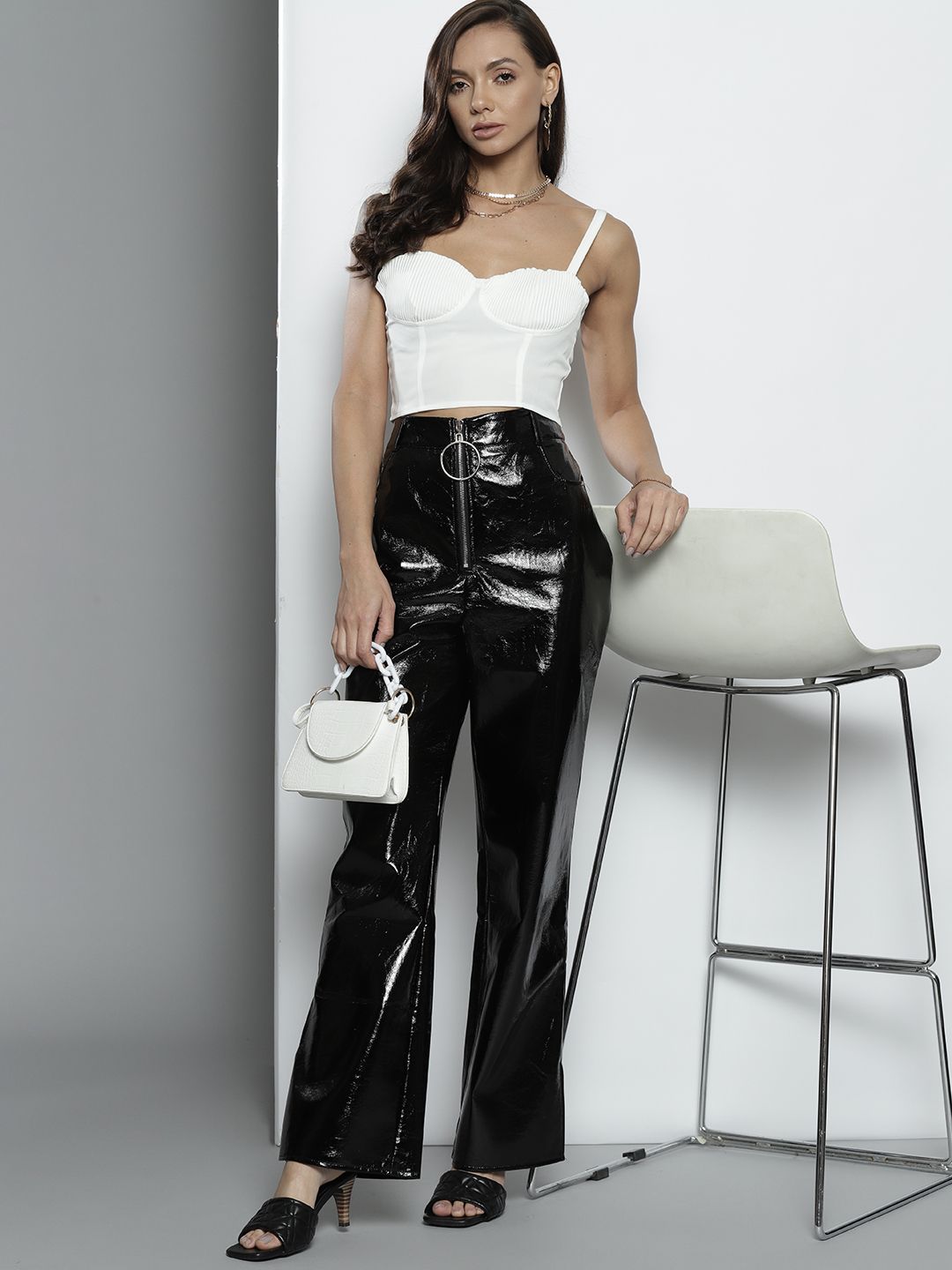 Missguided Petite Women Black Regular Fit High-Rise Coated Parallel Trousers Price in India