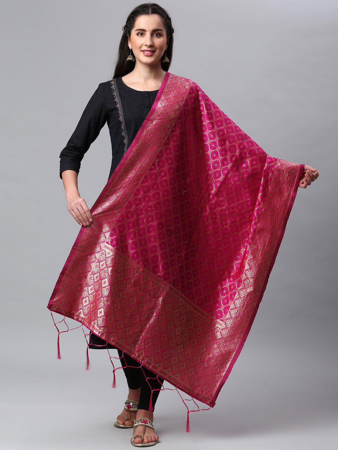 Lilots Pink & Gold-Toned Ethnic Motifs Woven Design Dupatta with Zari Price in India
