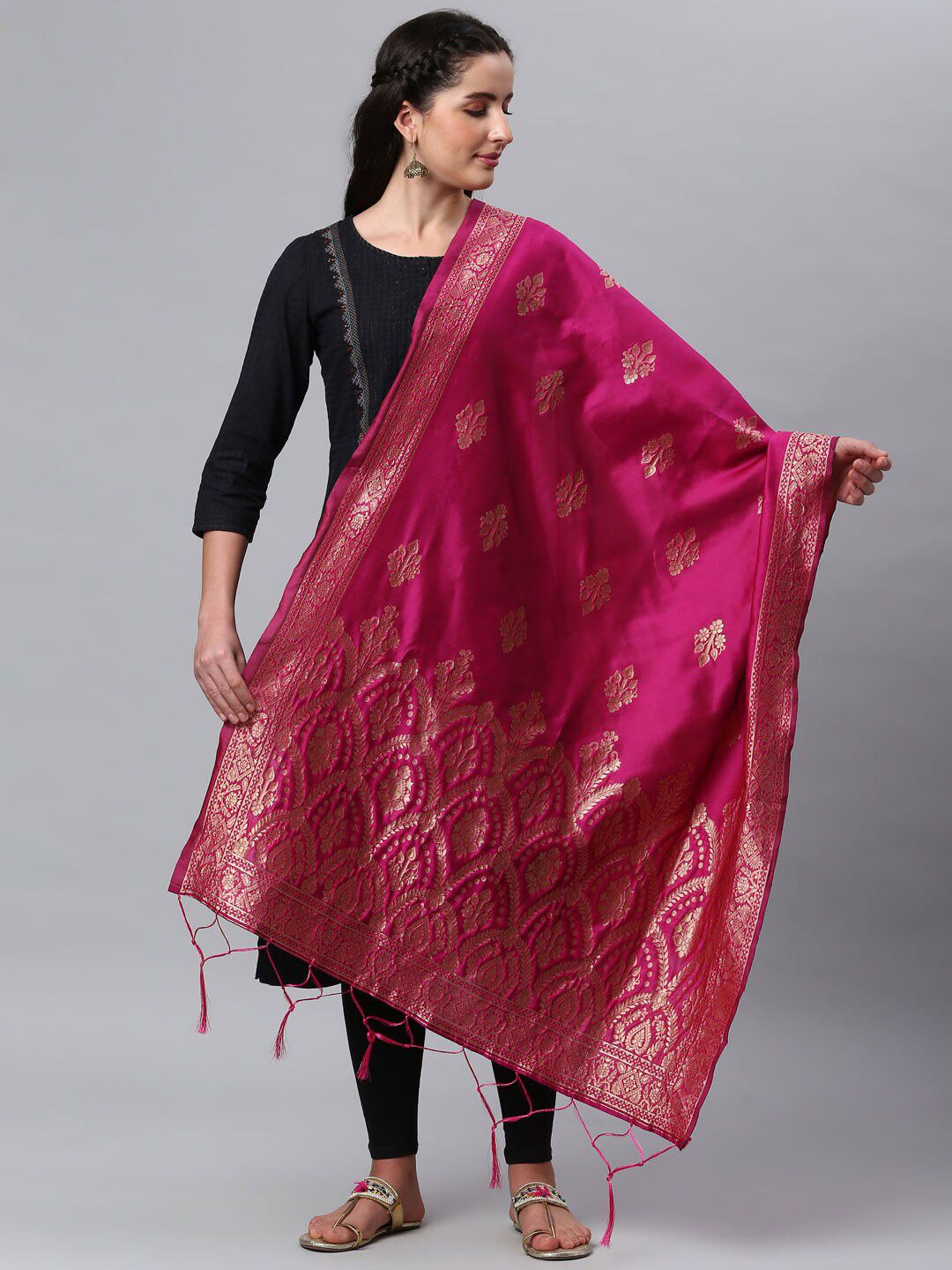 Lilots Pink & Gold-Toned Banarasi Silk Jacquard Woven Design Dupatta