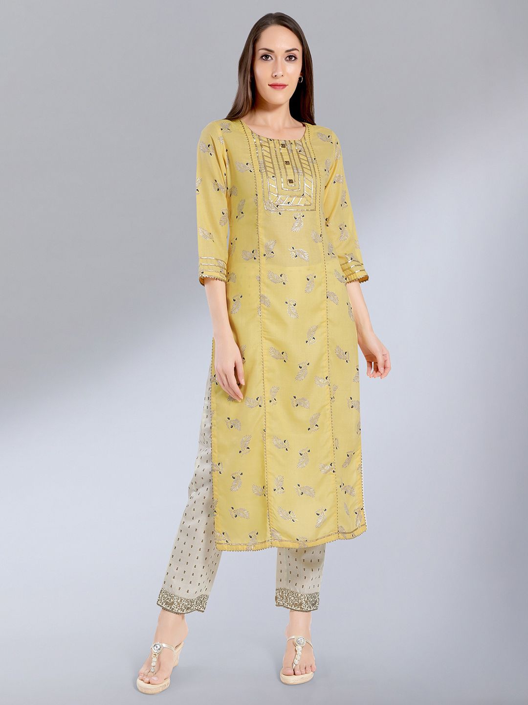 MADHURAM Women Yellow Floral Printed Gotta Patti Gotta Patti Kurti Price in India