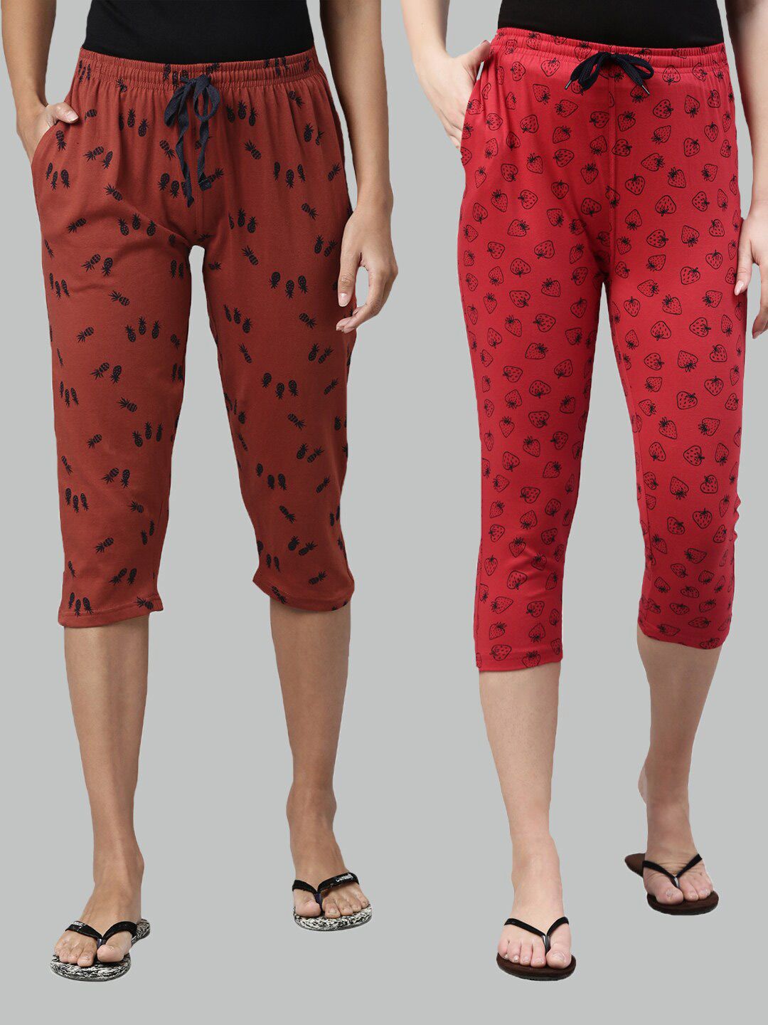 Kryptic Women Set Of 2 Brown & Red Slim Fit Printed Cotton Lounge Capris Price in India