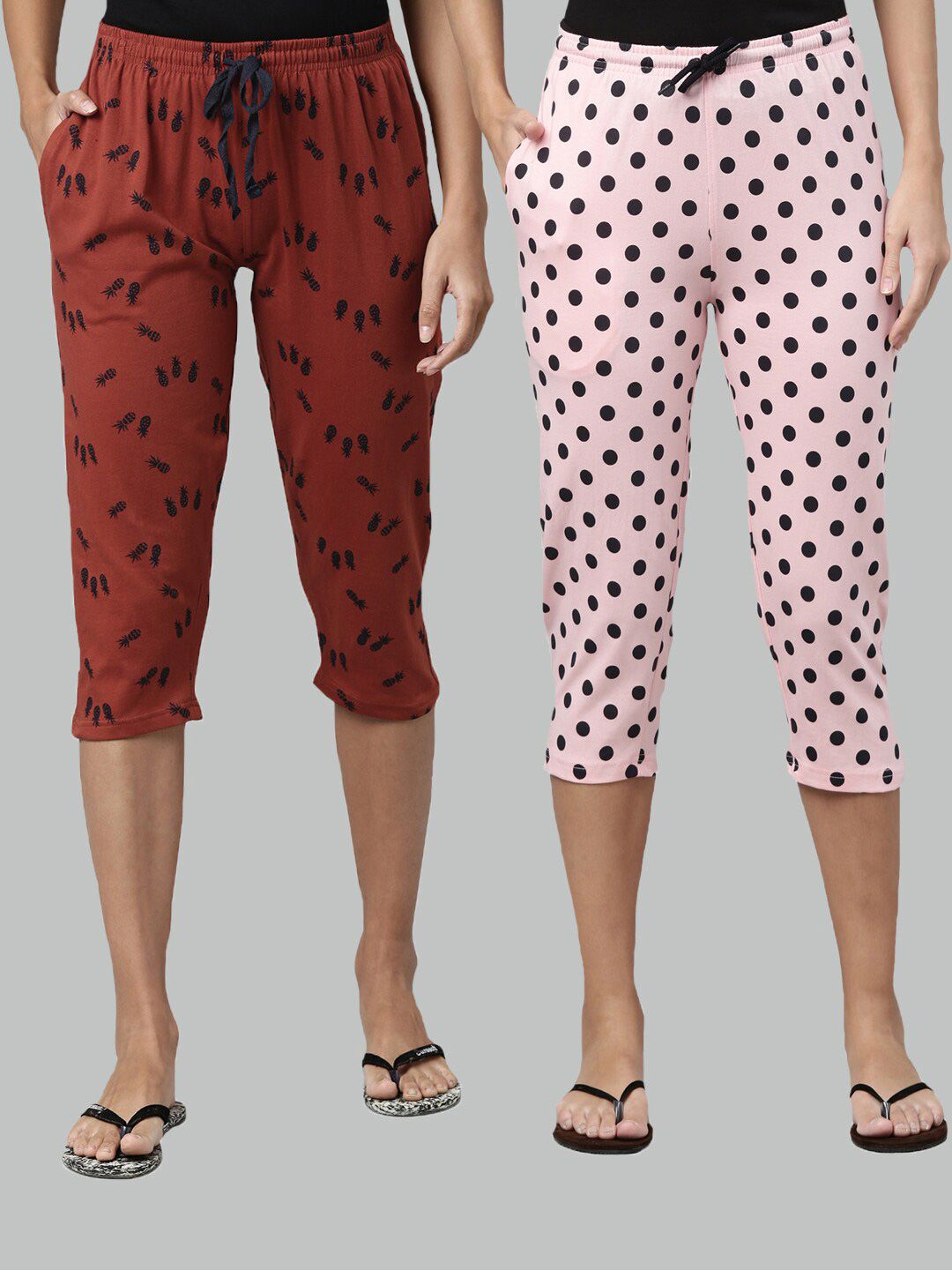 Kryptic Women Rust & Pink Set Of 2 Printed Cotton Lounge Capris Price in India