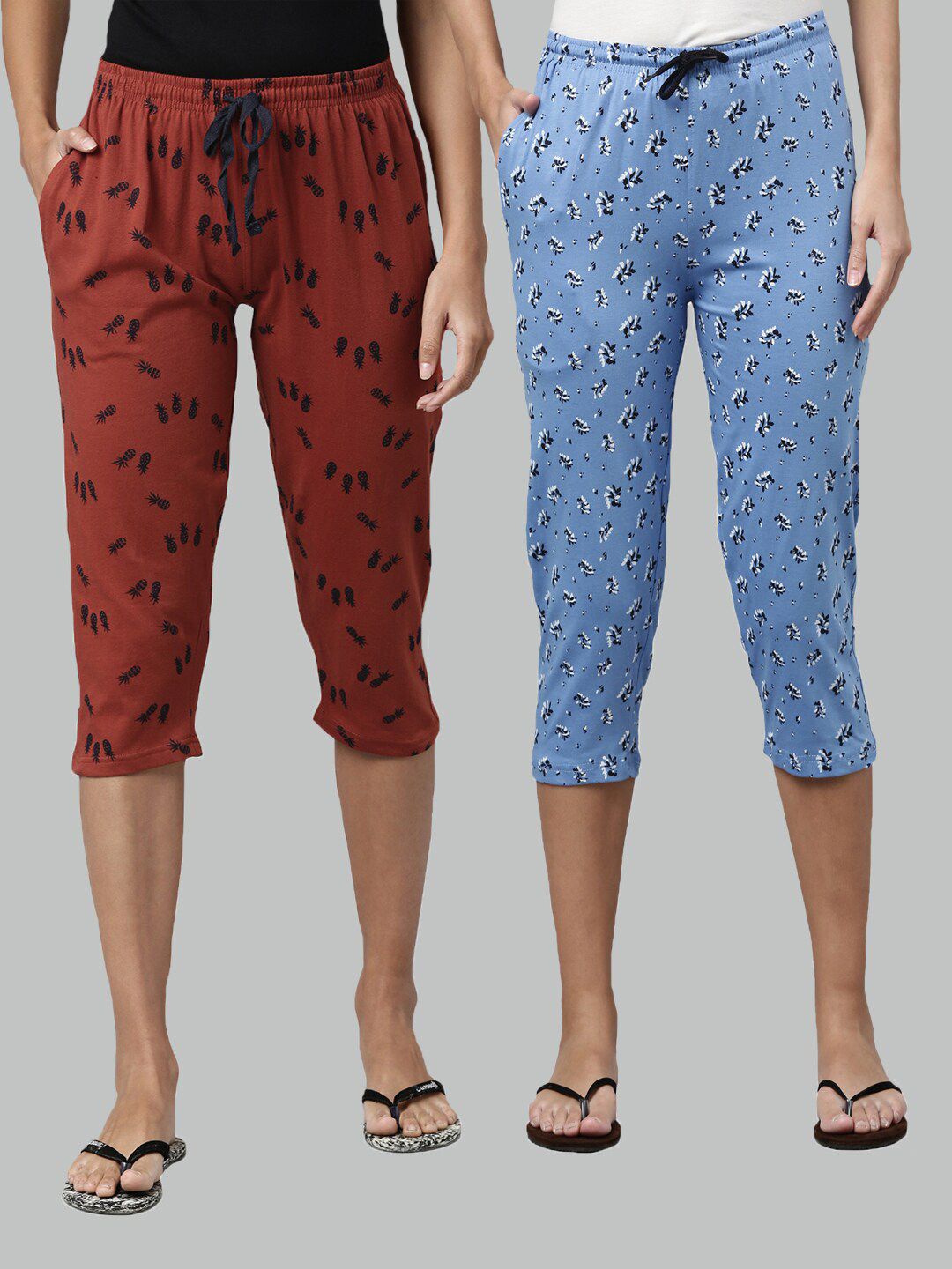 Kryptic Women Pack of 2 Rust & Blue Printed Pure Cotton Lounge Capris Price in India