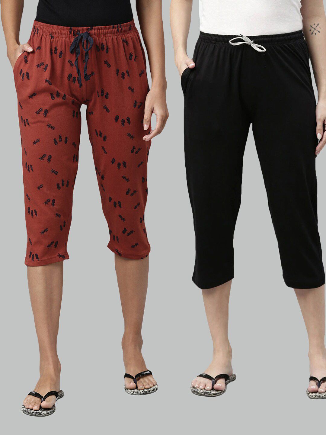 Kryptic Women Pack of 2 Rust Brown & Black Printed Pure Cotton Lounge Capris Price in India