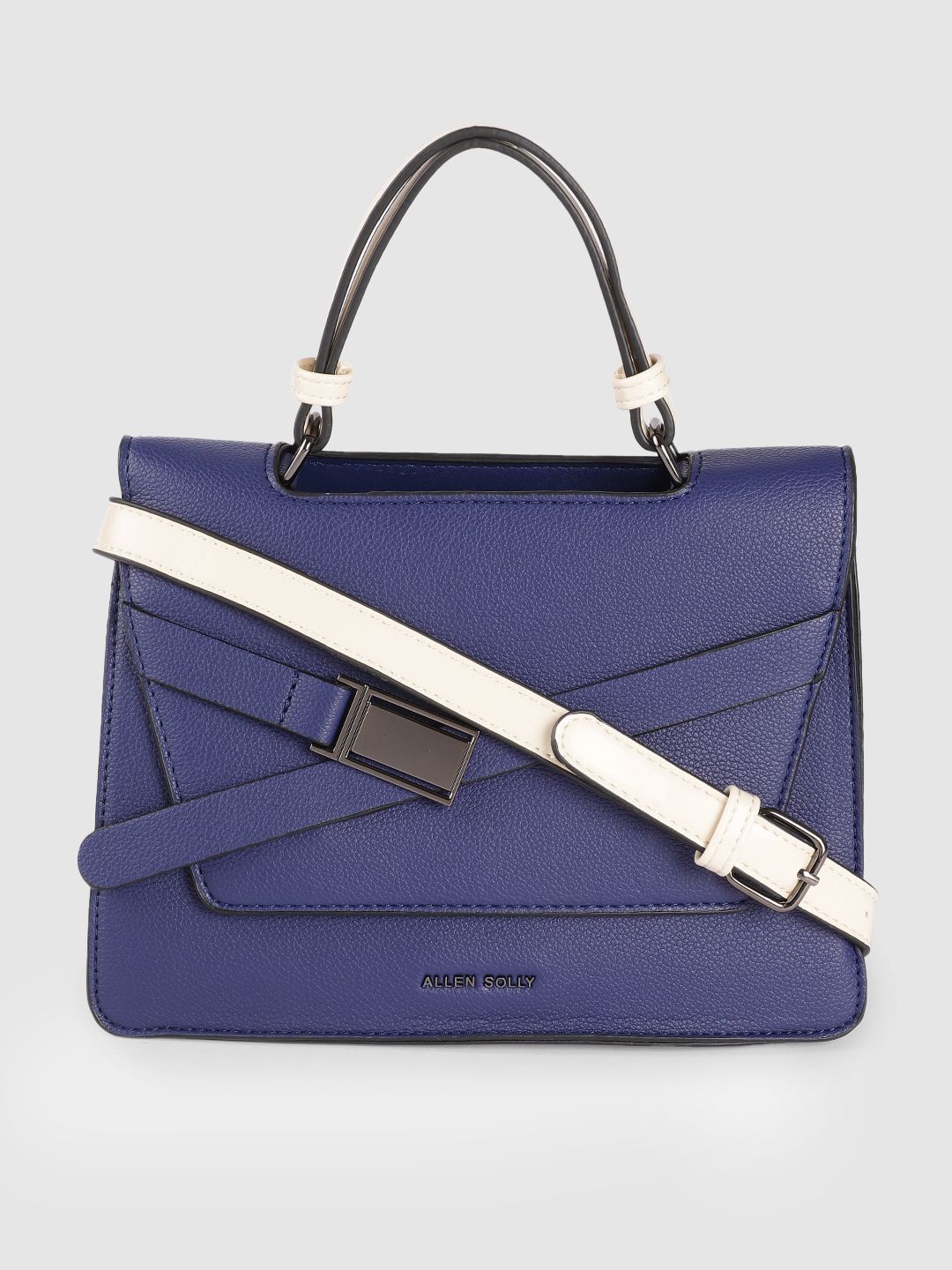 Allen Solly Navy Blue Solid PU Regular Structured Satchel with Buckle Detail Price in India