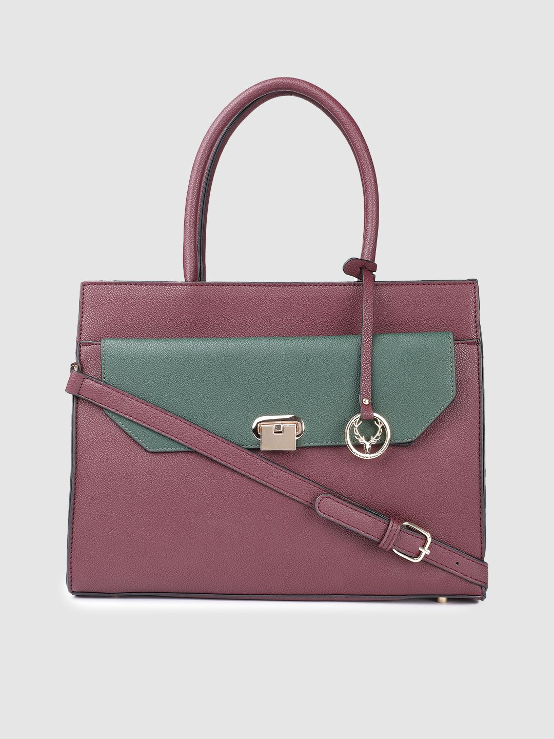 Allen Solly Burgundy & Green Colourblocked Structured Handheld Bag Price in India