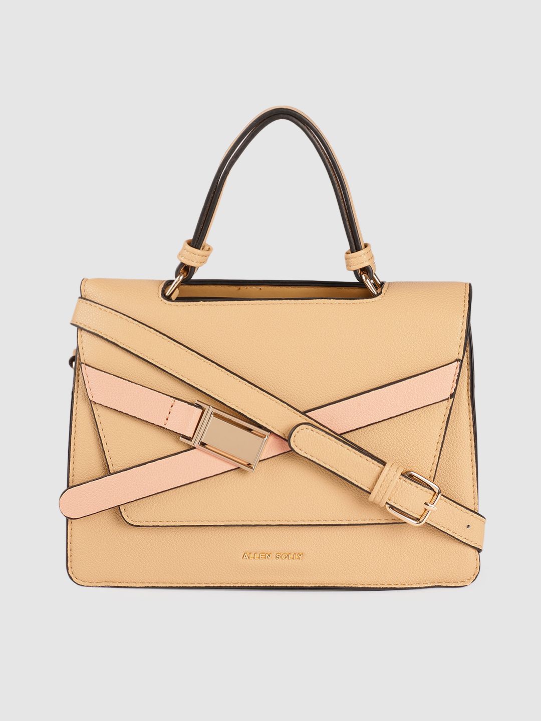 Allen Solly Beige Solid PU Regular Structured Satchel with Buckle Detail Price in India