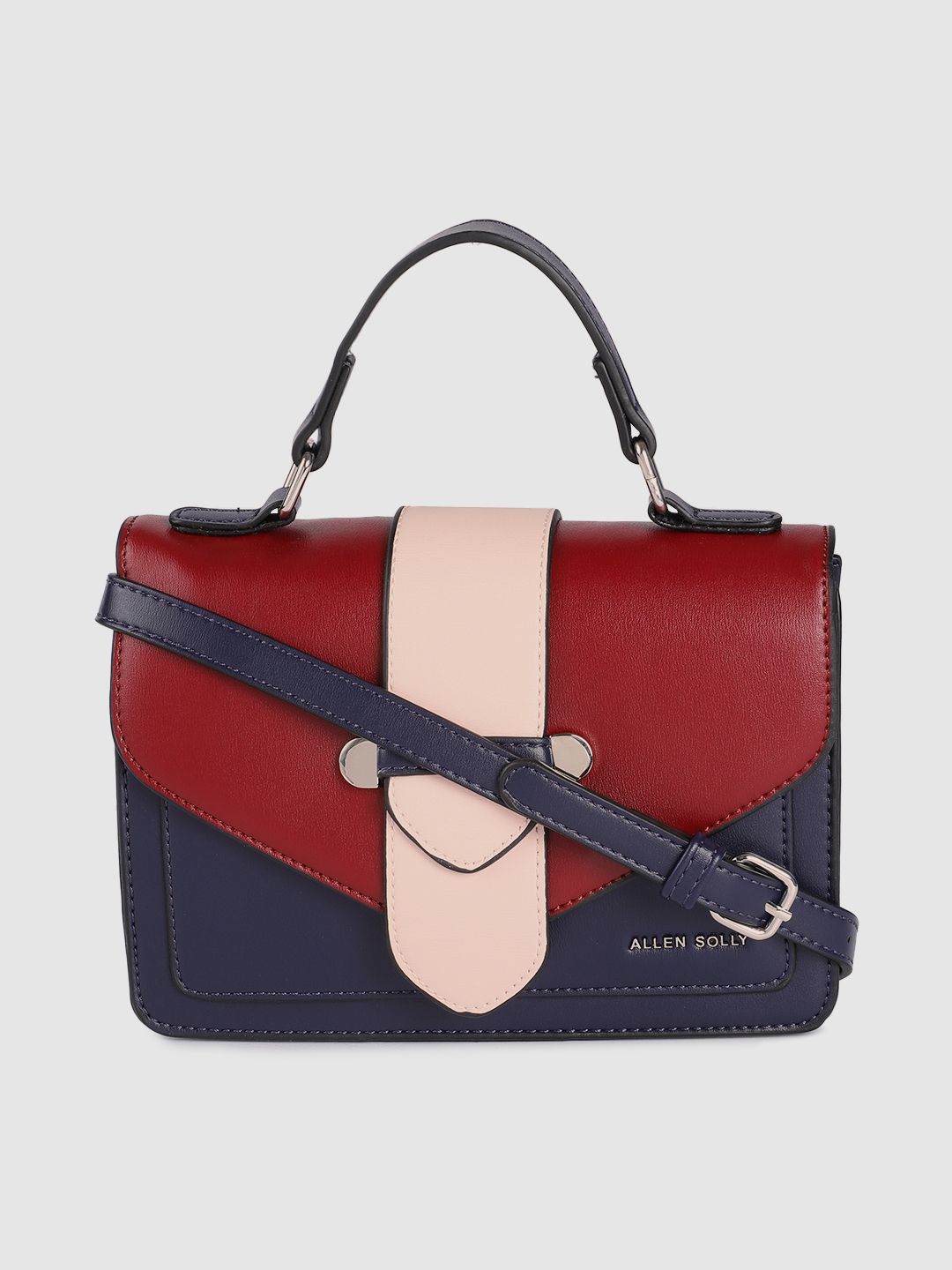 Allen Solly Navy Blue Colourblocked PU Regular Structured Satchel with Buckle Detail Price in India