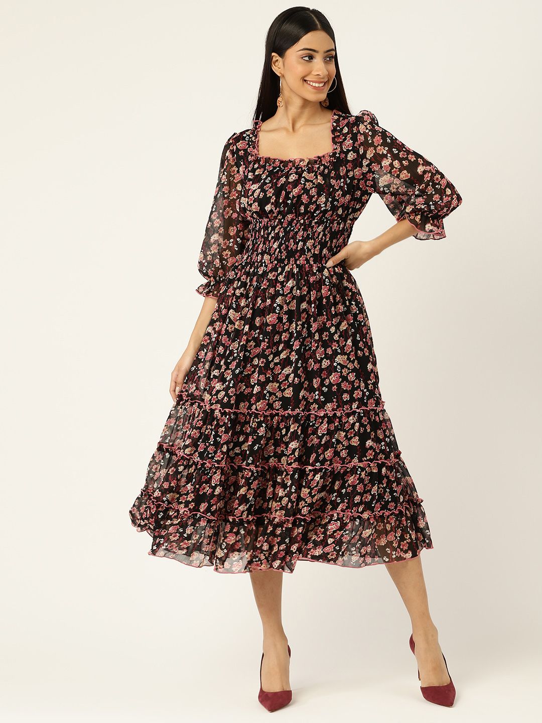 Antheaa Women Black & Pink Floral Printed Tiered Chiffon A-Line Midi Dress Price in India