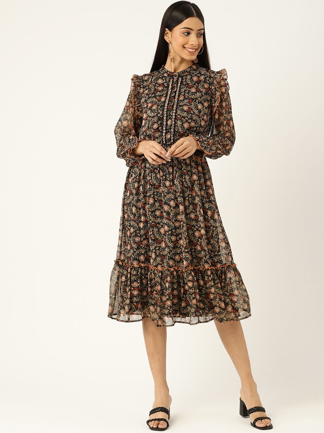 Antheaa Women Black & Brown Floral Printed Chiffon A-Line Midi Dress Price in India